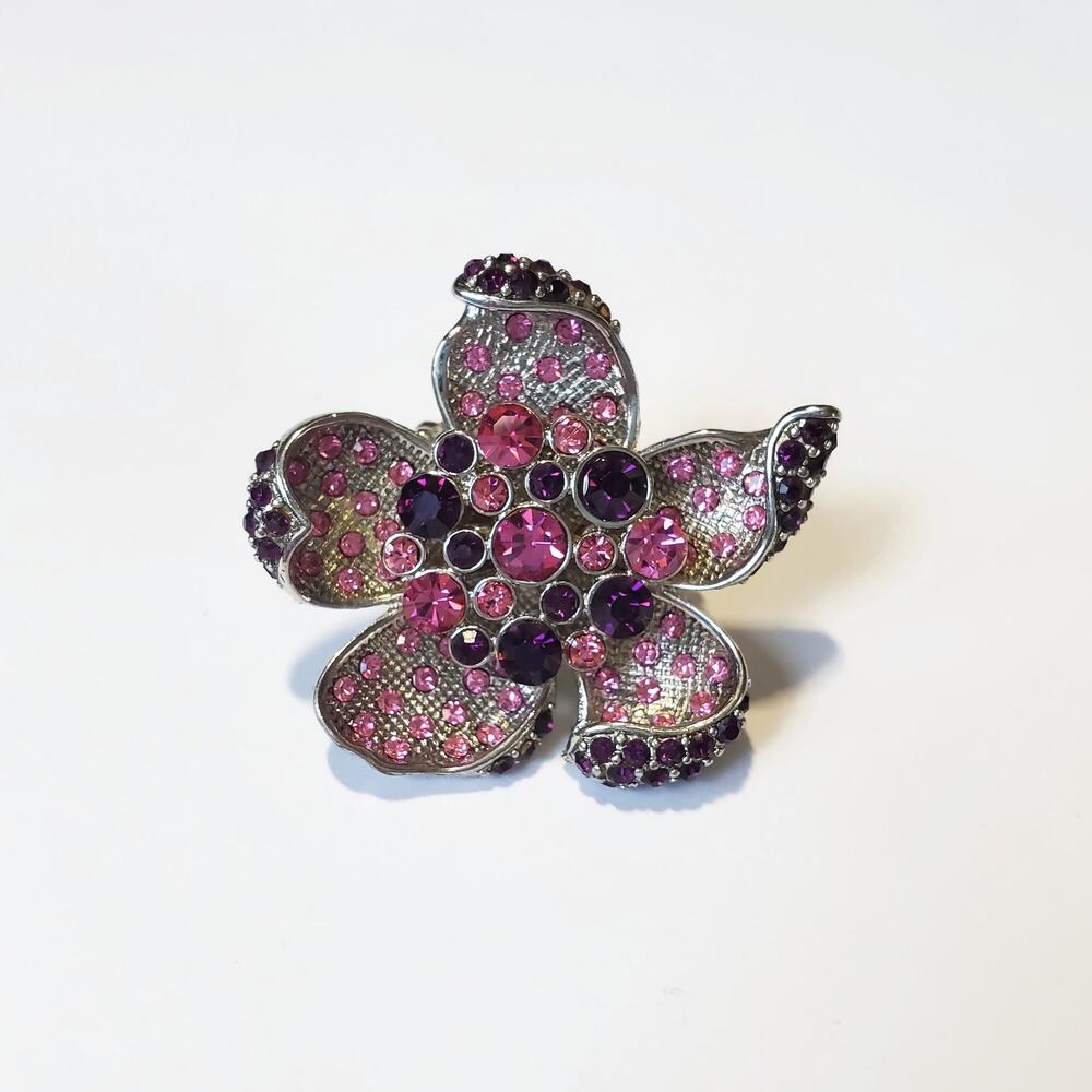 Large Pink & Purple Rhinestone Silver Tone Flower Stretchy Adjustable Ring